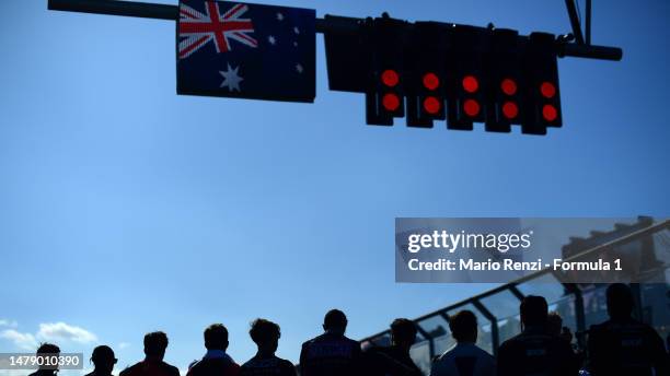 Drivers stand for the national anthem on the grid during the F1 Grand Prix of Australia at Albert Park Grand Prix Circuit on April 02, 2023 in...