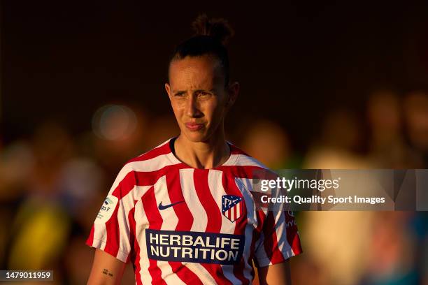 Virginia Torrecilla of Atletico de Madrid looks on after the game during the Liga F match between Atletico de Madrid and Valencia CF on April 01,...