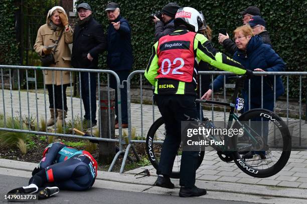 Danny Van Poppel of The Netherlands and Team BORA-Hansgrohe crashes during the 107th Ronde van Vlaanderen - Tour des Flandres 2023, Men's Elite a...