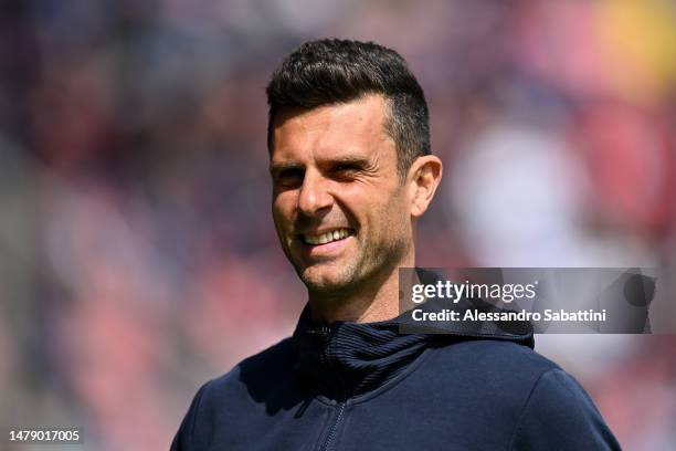 Thiago Motta, Head Coach of Bologna FC, looks on prior to the Serie A match between Bologna FC and Udinese Calcio at Stadio Renato Dall'Ara on April...