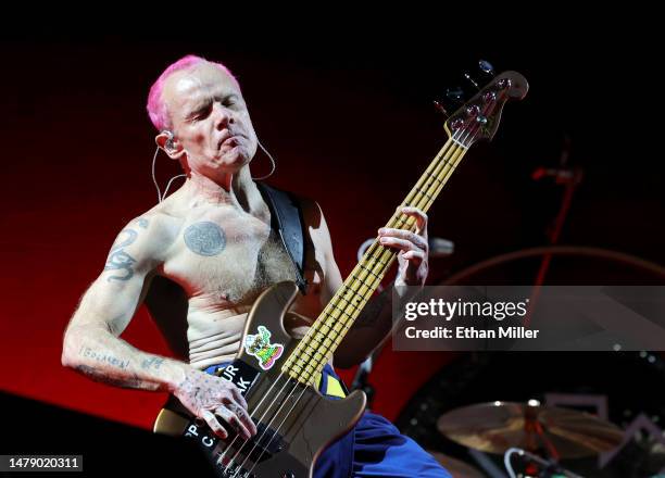 Bassist Flea of Red Hot Chili Peppers performs at Allegiant Stadium on April 01, 2023 in Las Vegas, Nevada.