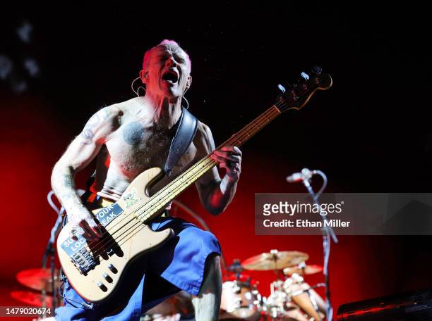 Bassist Flea of Red Hot Chili Peppers performs at Allegiant Stadium on April 01, 2023 in Las Vegas, Nevada.