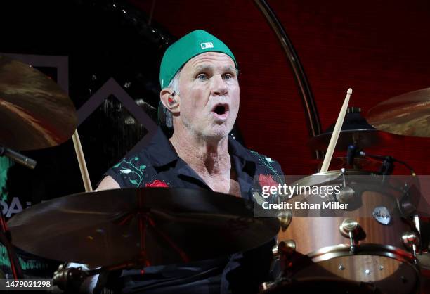 Drummer Chad Smith of Red Hot Chili Peppers performs at Allegiant Stadium on April 01, 2023 in Las Vegas, Nevada.