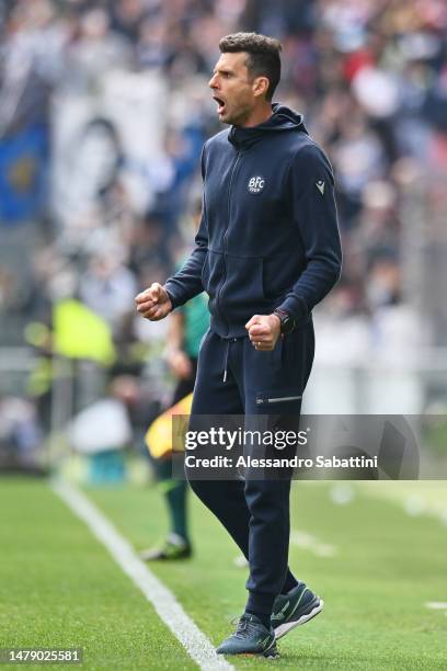 Thiago Motta, Head Coach of Bologna FC, reacts during the Serie A match between Bologna FC and Udinese Calcio at Stadio Renato Dall'Ara on April 02,...