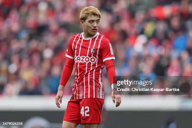 Ritsu Doan of SC Freiburg reacts during the Bundesliga match between Sport-Club Freiburg and Hertha BSC at Europa-Park Stadion on April 01, 2023 in...