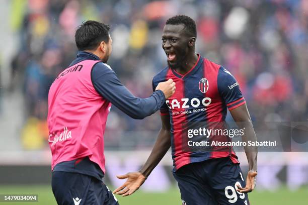 Musa Barrow of Bologna FC celebrates after scoring the team's third goal during the Serie A match between Bologna FC and Udinese Calcio at Stadio...