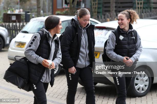 Jamie-Lee Napier, Anna Pedersen and Lois Joel of London City Lionesses arrive at the stadium prior to the Barclays FA Women's Championship match...