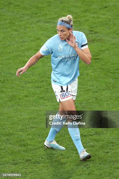 Hannah Wilkinson of Melbourne City reacts during the round 20 A-League Women's match between Melbourne City and Canberra United at AAMI Park, on...