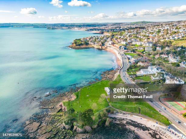 aerial view of the corbyn head coast in torquay - torquay stock pictures, royalty-free photos & images