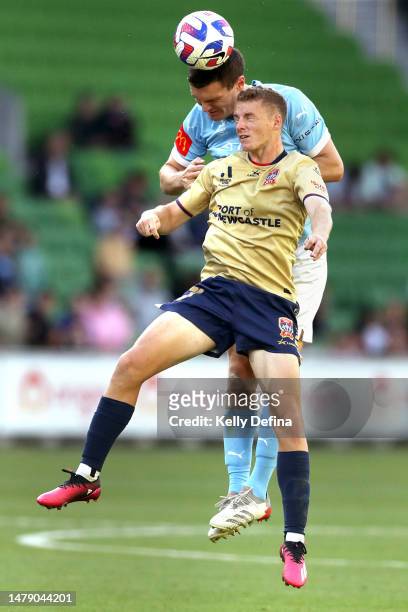 Curtis Good of City heads the ball during the round 22 A-League Men's match between Melbourne City and Newcastle Jets at AAMI Park, on April 02 in...