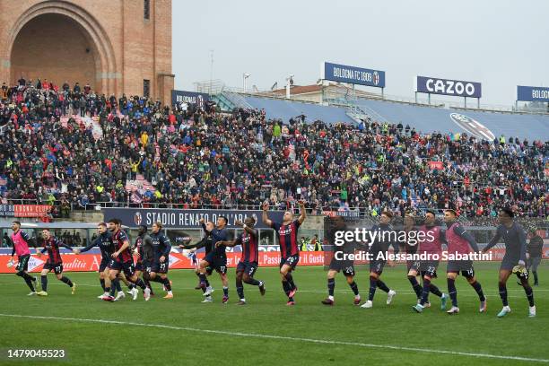 Players of Bologna FC celebrate victory following the Serie A match between Bologna FC and Udinese Calcio at Stadio Renato Dall'Ara on April 02, 2023...