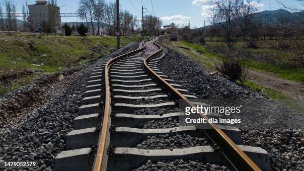 View of train tracks that were buckled during the earthquake on March 31, 2023 in Adıyaman, Türkiye. The death toll from a catastrophic earthquake...