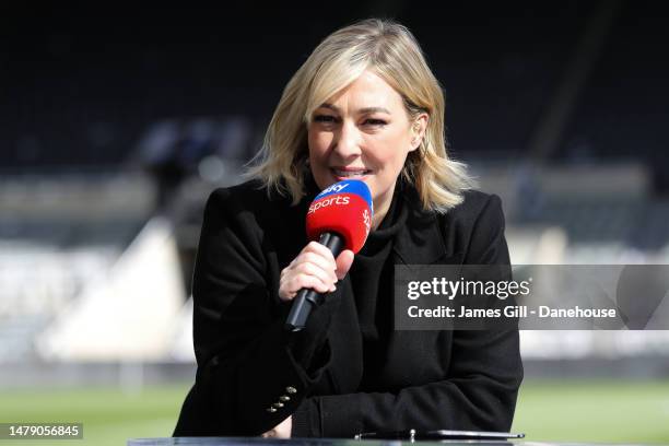 Presenter Kelly Cates looks on prior to the Premier League match between Newcastle United and Manchester United at St. James Park on April 02, 2023...