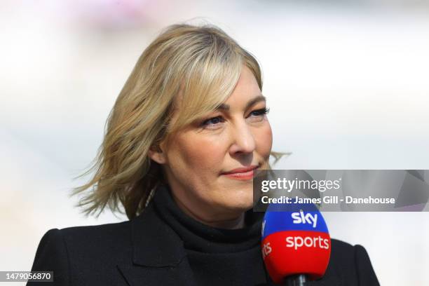 Presenter Kelly Cates looks on prior to the Premier League match between Newcastle United and Manchester United at St. James Park on April 02, 2023...