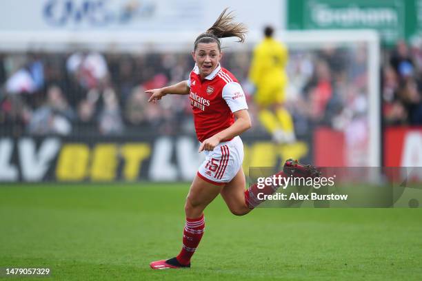 Katie McCabe of Arsenal celebrates after scoring the team's second goal during the FA Women's Super League match between Arsenal and Manchester City...