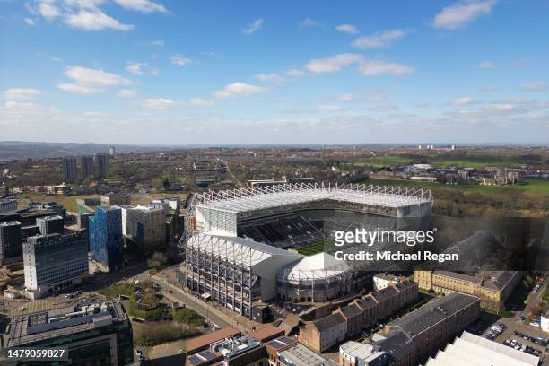 An Aerial view of St. James Park is seen prior to the Premier League match between Newcastle United and Manchester United on April 02, 2023 in...