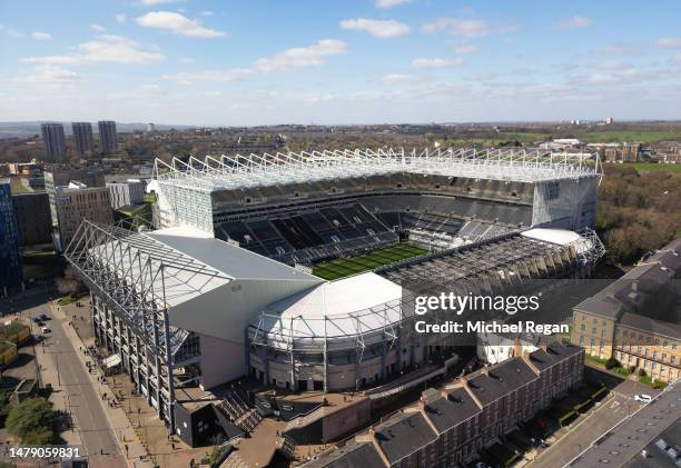 An Aerial view of St. James Park is seen prior to the Premier League match between Newcastle United and Manchester United on April 02, 2023 in...
