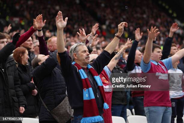 West Ham United fans react during the Premier League match between West Ham United and Southampton FC at London Stadium on April 02, 2023 in London,...