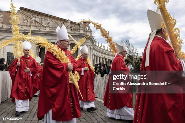 Cardinals attend the Palm Sunday Mass at St. Peter's Square on April 02, 2023 in Vatican City, Vatican. The 86-year-old pontiff was recently released...
