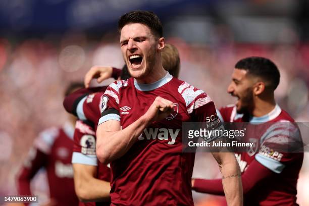 Declan Rice of West Ham United celebrates after the first goal, scored by teammate Nayef Aguerd during the Premier League match between West Ham...
