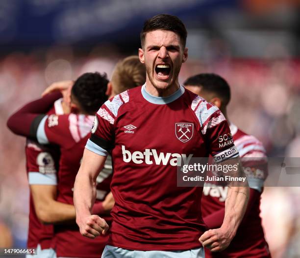 Declan Rice of West Ham United celebrates after the first goal, scored by teammate Nayef Aguerd during the Premier League match between West Ham...