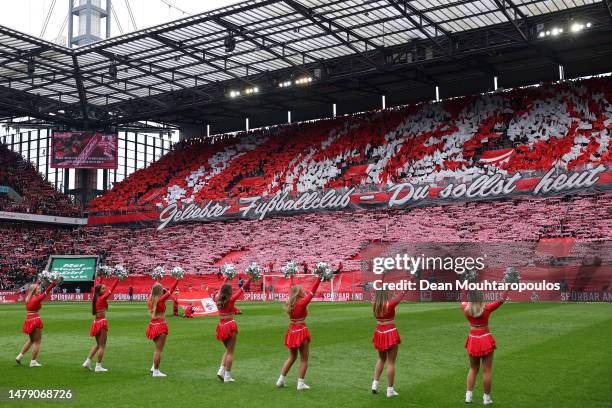 Fans show their support during pre-match entertainment prior to the Bundesliga match between 1. FC Köln and Borussia Mönchengladbach at...