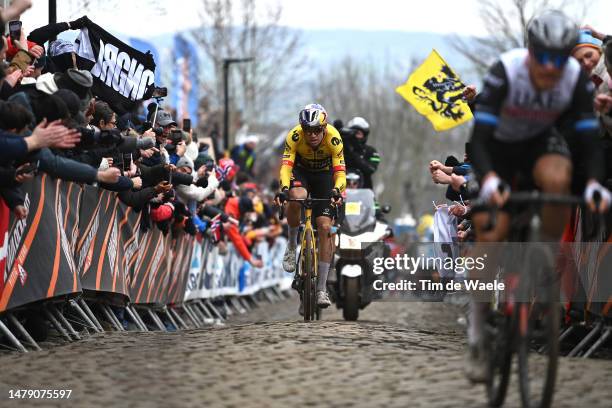 Wout Van Aert of Belgium and Team Jumbo-Visma competes at Oude Kwaremont cobblestones sector during the 107th Ronde van Vlaanderen - Tour des...