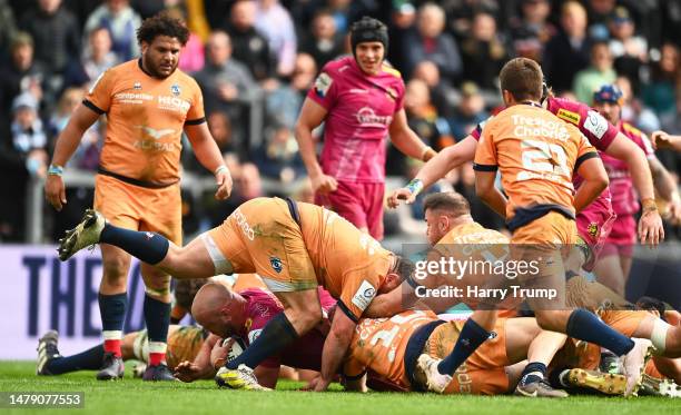 Jack Yeandle of Exeter Chiefs goes over to score their sides fifth try during the Heineken Champions Cup Round Of Sixteen match between Exeter Chiefs...