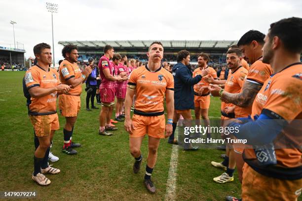 Paolo Garbisi of Montpellier cuts a dejected figure following the Heineken Champions Cup Round Of Sixteen match between Exeter Chiefs and Montpellier...