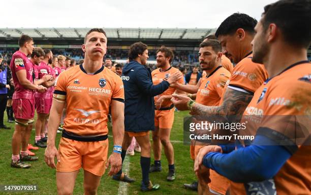 Paolo Garbisi of Montpellier cuts a dejected figure following the Heineken Champions Cup Round Of Sixteen match between Exeter Chiefs and Montpellier...