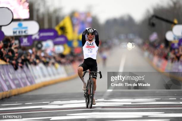 Tadej Pogacar of Slovenia and UAE Team Emirates celebrates at finish line as race winner during the 107th Ronde van Vlaanderen - Tour des Flandres...