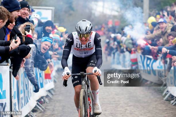 Tadej Pogacar of Slovenia and UAE Team Emirates competes to win the 107th Ronde van Vlaanderen - Tour des Flandres 2023, Men's Elite a 273.4km one...