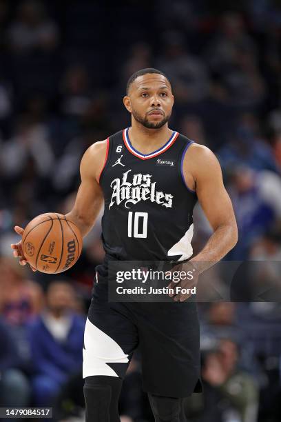 Eric Gordon of the LA Clippers brings the ball up court during the game against the Memphis Grizzlies at FedExForum on March 29, 2023 in Memphis,...