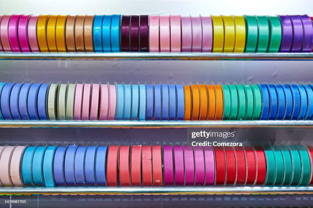 Multi Colored Ribbons At Shelf Backgrounds High-Res Stock Photo - Getty ...