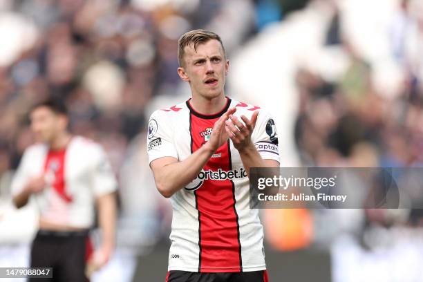 James Ward-Prowse of Southampton applauds the fans during the Premier League match between West Ham United and Southampton FC at London Stadium on...