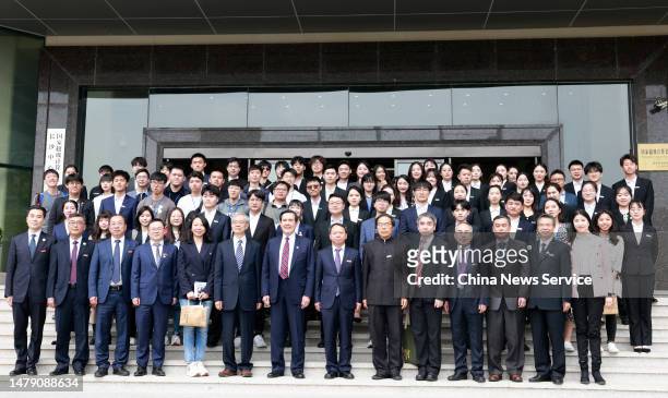 Ma Ying-jeou, former chairman of the Chinese Kuomintang party, and a group of Taiwan students visit Hunan University on April 2, 2023 in Changsha,...