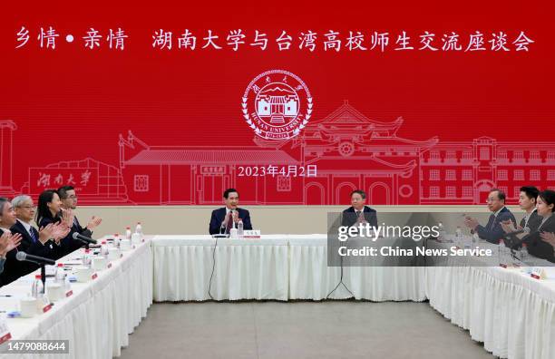 Ma Ying-jeou, former chairman of the Chinese Kuomintang party, and a group of Taiwan students visit Hunan University on April 2, 2023 in Changsha,...