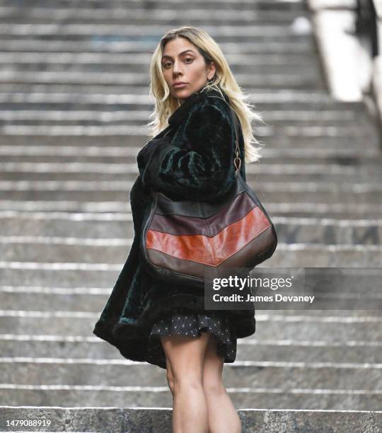 Lady Gaga is seen on the set of "Joker: Folie a Deux" at Shakespeare Steps in the Bronx on April 01, 2023 in New York City.