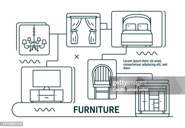 furniture line icons. modern graphic desing. vector line icons. ready-to-use desing for banner, book, brochure, web. sofa , chair , bed , desk , wardrobe - horizontal blinds stock illustrations