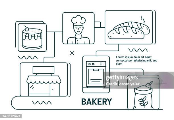 stockillustraties, clipart, cartoons en iconen met bakery modern line icons. modern graphic desing. vector line icons. ready-to-use desing for banner, book, brochure, web. oven , flour , bead , chef , mixer , cake - making a cake