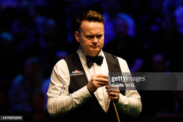 Shaun Murphy of England reacts in the semi-final match against Mark Selby of England on day six of Tour Championship Snooker 2023 at the Bonus Arena...