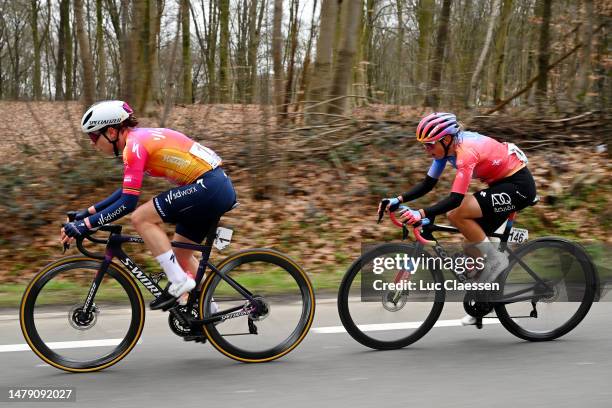 Lotte Kopecky of Belgium and Team SD Worx and Silvia Persico of Italy and UAE Team ADQ compete in the breakaway competes during the 20th Ronde van...