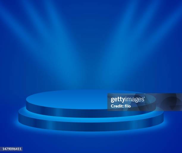 modern blue stage platform product display - dimensions launch party stock illustrations
