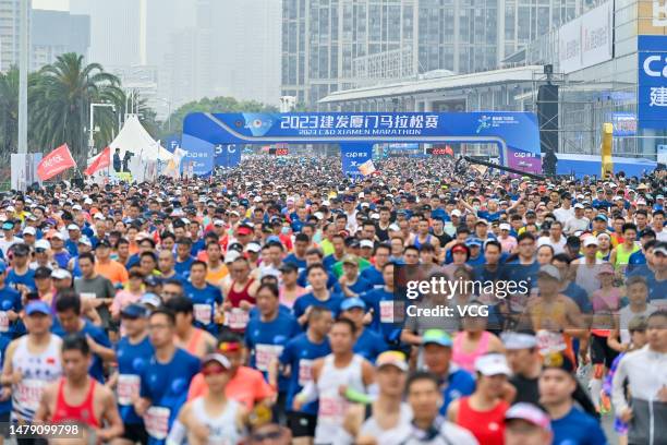 Runners participate in the 2023 C&D Xiamen Marathon on April 2, 2023 in Xiamen, Fujian Province of China.