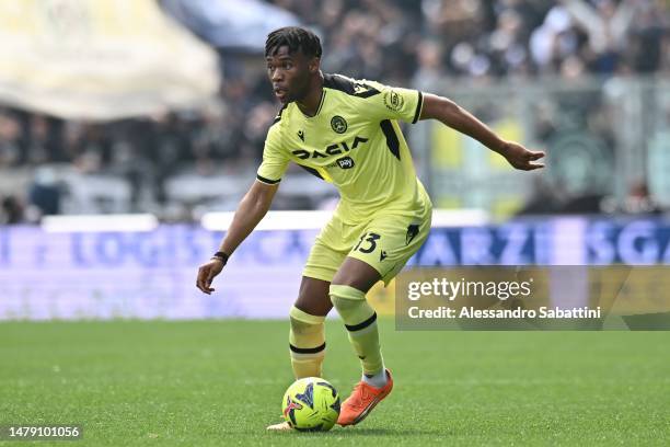 Destiny Udogie of Udinese Calcio in action during the Serie A match between Bologna FC and Udinese Calcio at Stadio Renato Dall'Ara on April 02, 2023...