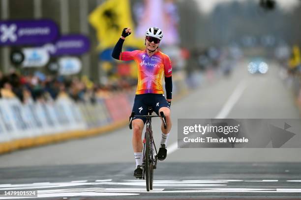 Lotte Kopecky of Belgium and Team SD Worx celebrates at finish line as race winner during the 20th Ronde van Vlaanderen - Tour des Flandres 2023,...