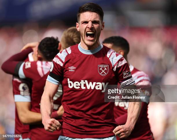 Declan Rice of West Ham United celebrates after the first goal, scored by teammate Nayef Aguerd during the Premier League match between West Ham...