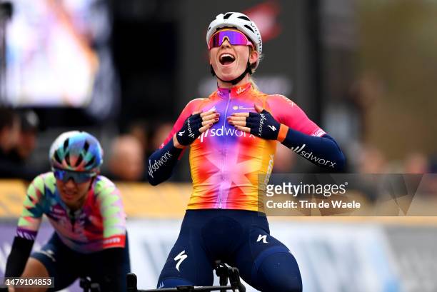 Demi Vollering of The Netherlands and Team SD Worx celebrates at finish line crossing the finish line on second place during the 20th Ronde van...