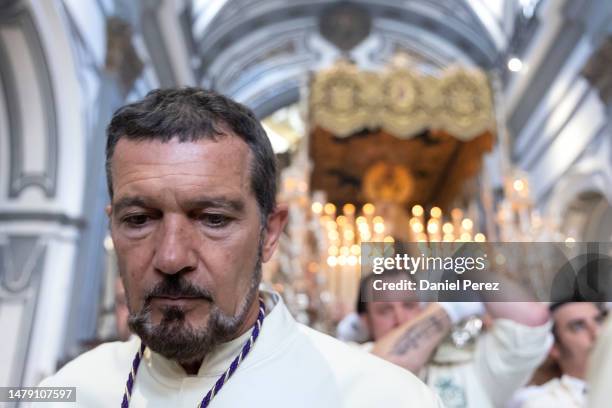 Antonio Banderas attends the Maria Santisima de Lagrimas y Favores procession at San Juan Bautista church during Holy Week celebrations on April 02,...