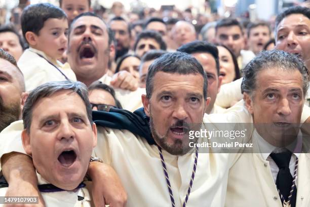 Antonio Banderas attends the Maria Santisima de Lagrimas y Favores procession at San Juan Bautista church during Holy Week celebrations on April 02,...